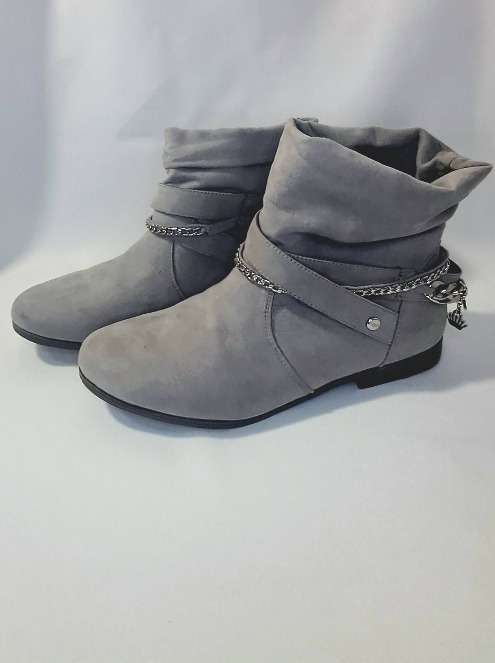 Juicy Couture Gray Suede Slouch Ankle Booties with Silver Chain Crown Details